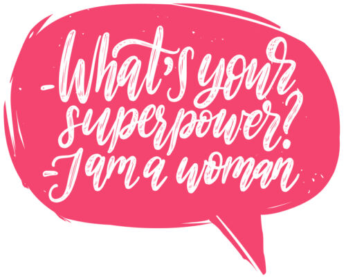 What Is Your Superpower. I Am A Woman hand lettering. International Womens Day poster. Vector calligraphic illustration of feminist movement in speech bubble.